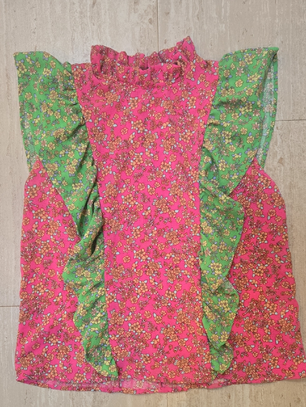 KARLIE Pink/Green Floral Print Ruffle Accent Blouse